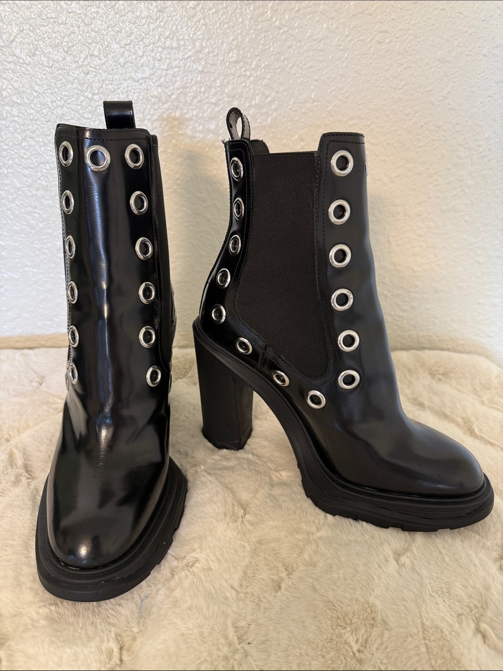 Alexander McQueen Tread Grommet High Heel  Patent Grommet Chelsea Boots 2021